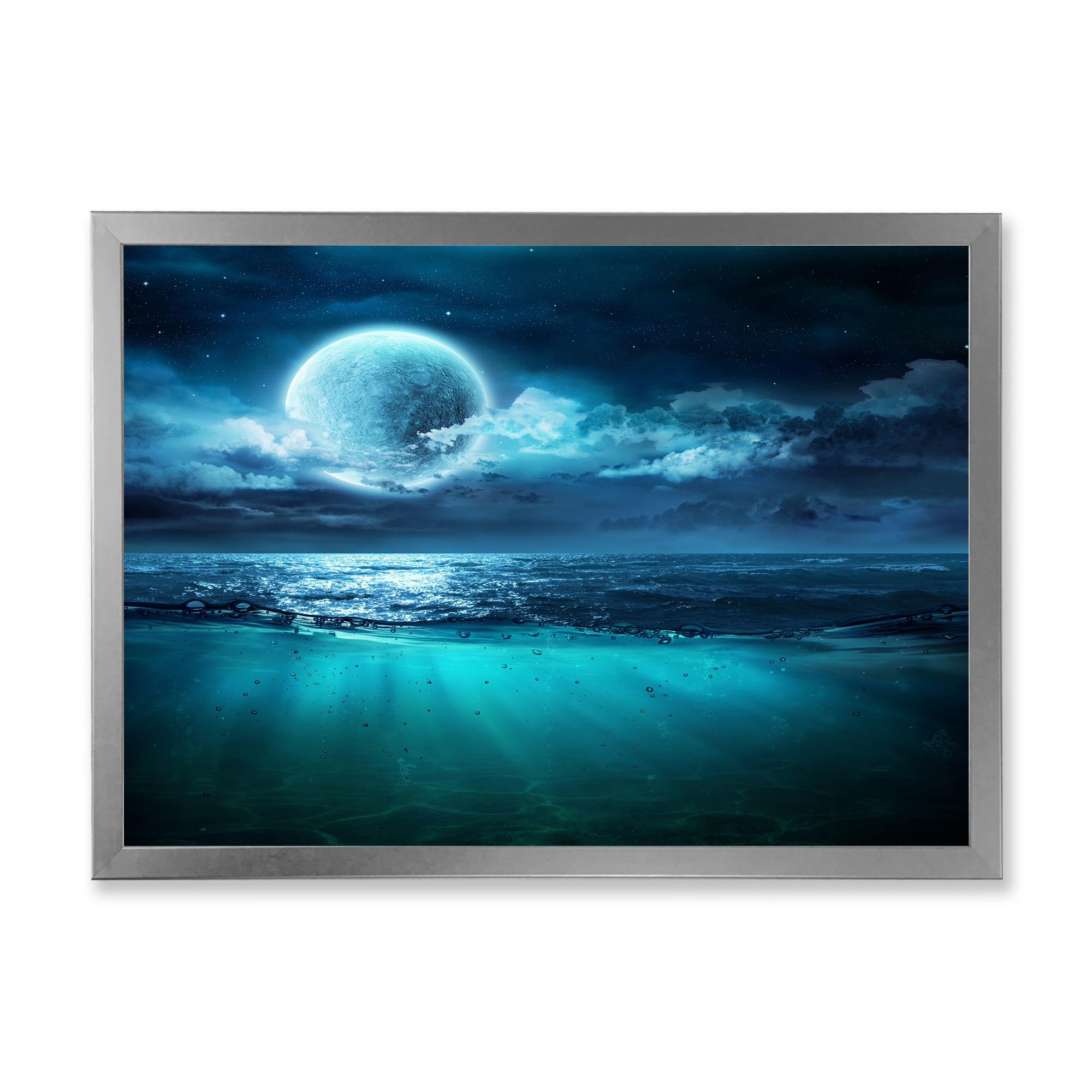 Designart 'Romantic Moon and Clouds Over Deep Blue Sea II' Nautical & Coastal Framed Art Print