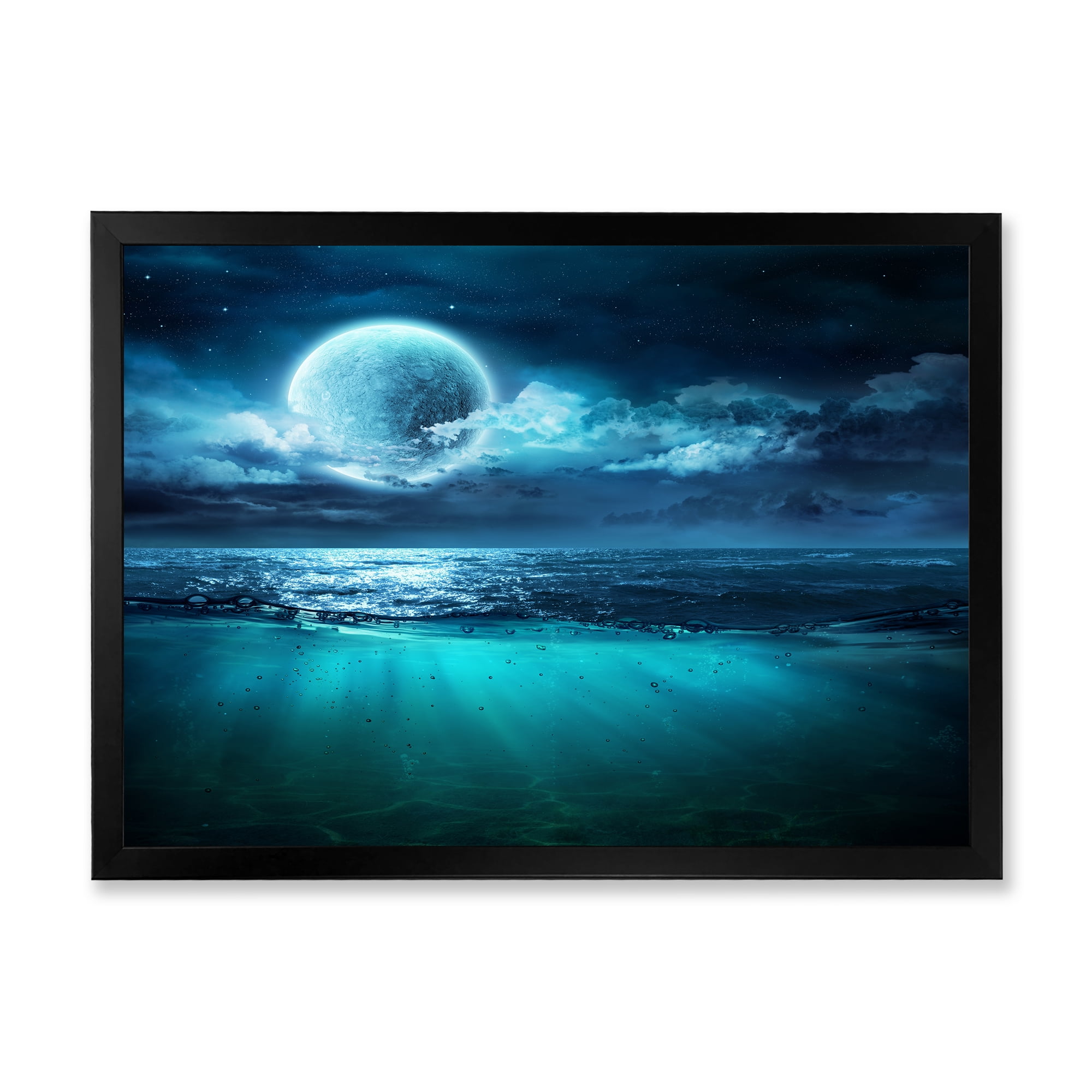 Designart 'Romantic Moon and Clouds Over Deep Blue Sea II' Nautical & Coastal Framed Art Print