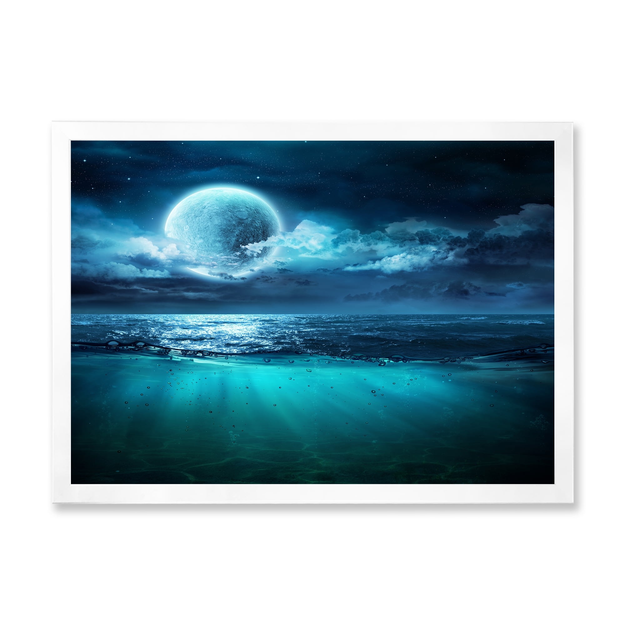 Designart 'Romantic Moon and Clouds Over Deep Blue Sea II' Nautical & Coastal Framed Art Print