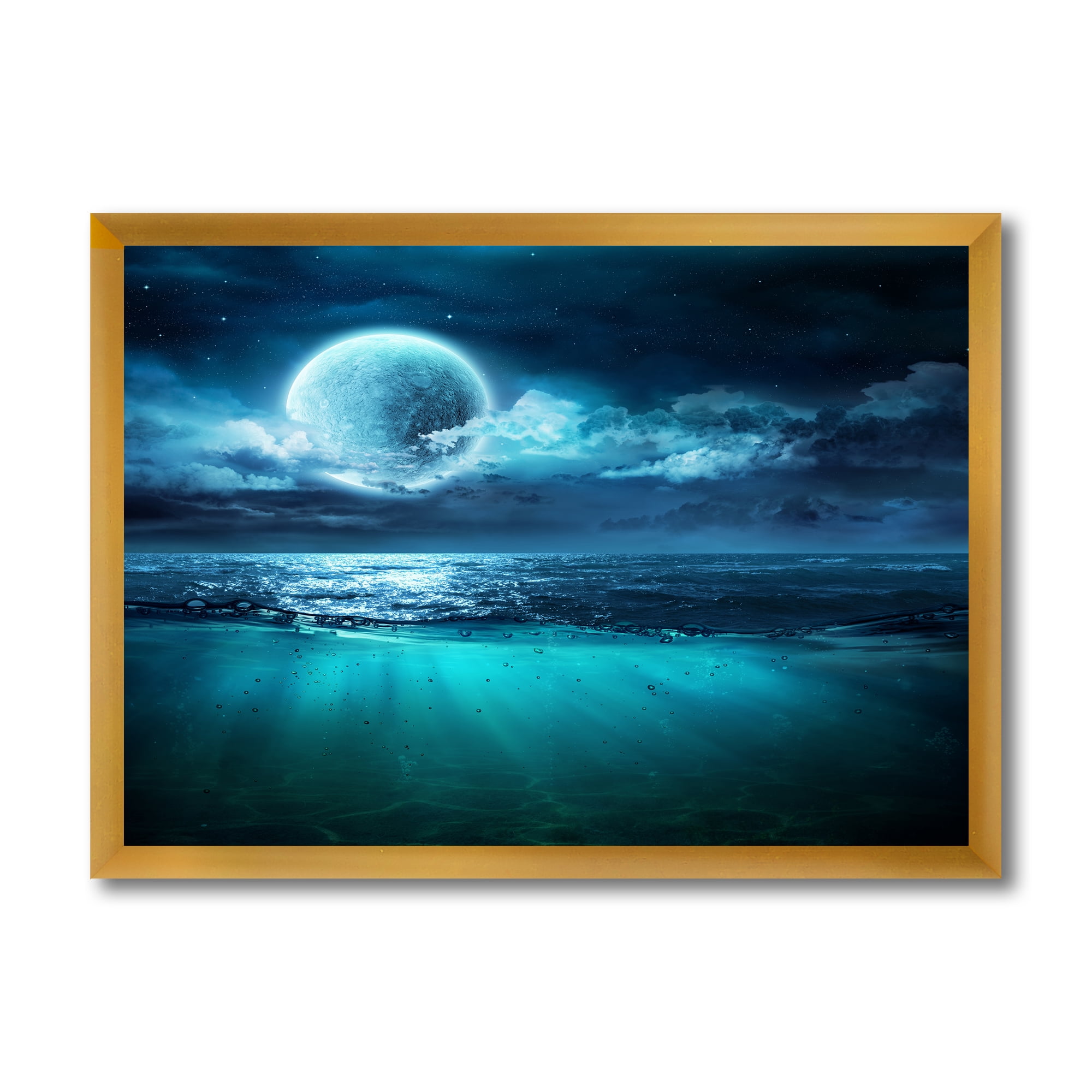 Designart 'Romantic Moon and Clouds Over Deep Blue Sea II' Nautical & Coastal Framed Art Print