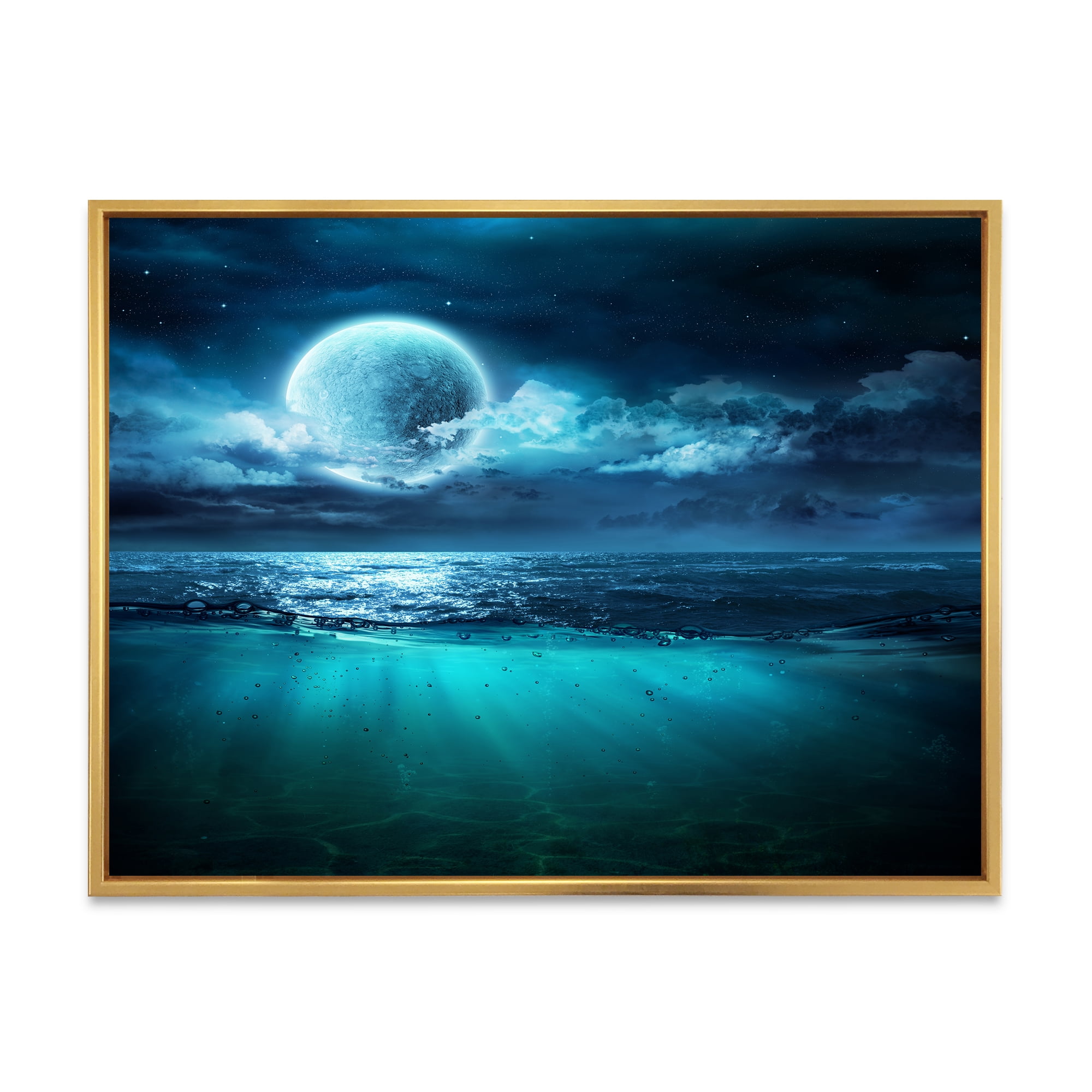 Designart 'Romantic Moon and Clouds Over Deep Blue Sea II' Nautical & Coastal Framed Canvas Wall Art Print