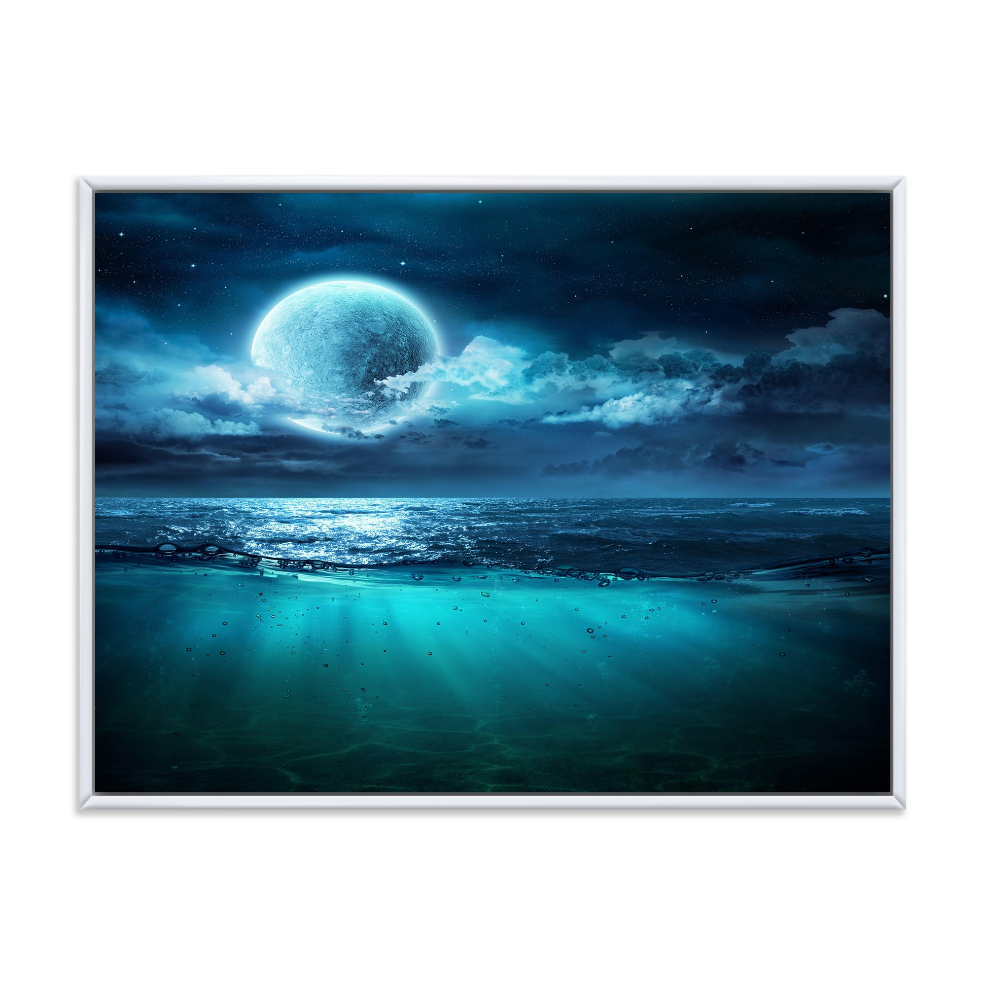 Designart 'Romantic Moon and Clouds Over Deep Blue Sea II' Nautical & Coastal Framed Canvas Wall Art Print