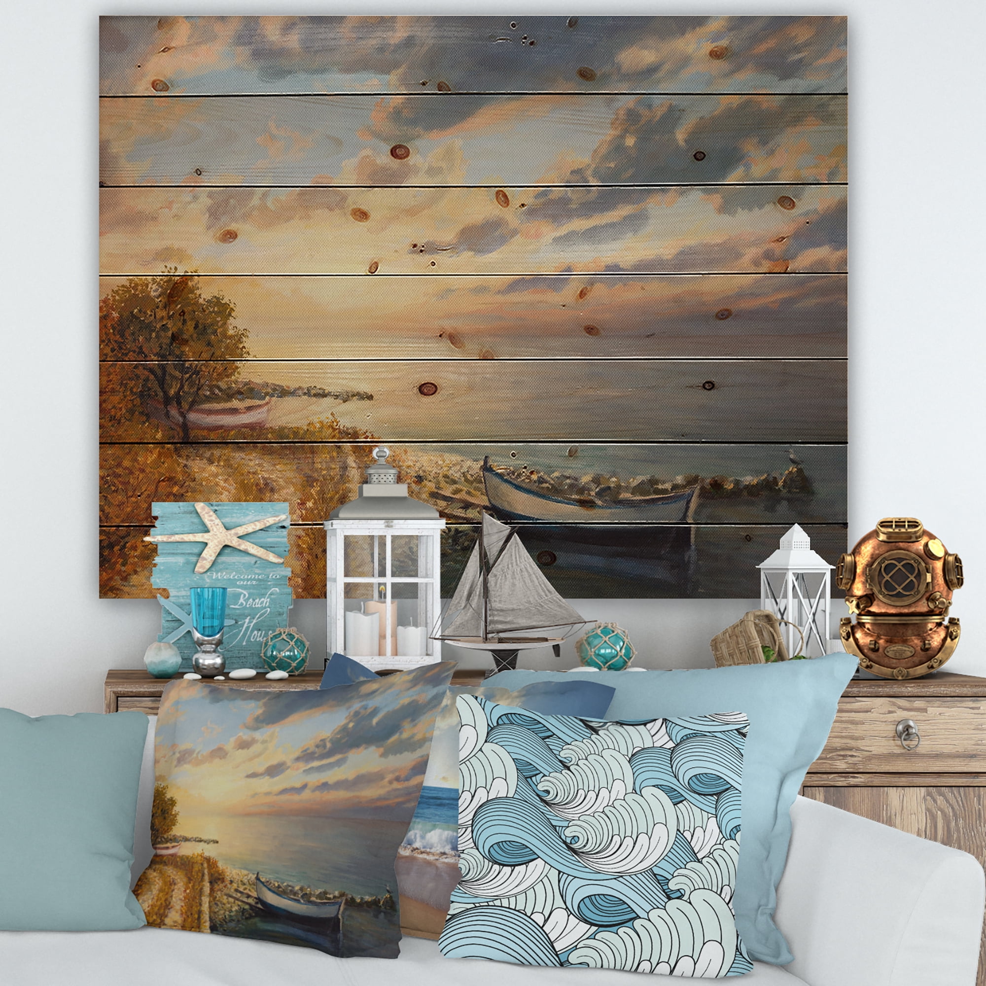 Designart 'Romantic Morning By The Sea' Nautical & Coastal Print on Natural Pine Wood