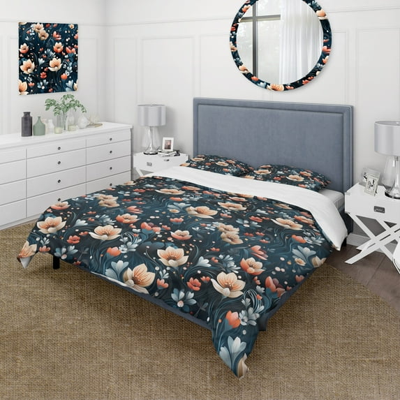 Designart "Romantic Peach Love Blossoms Dreams" Pink Floral Bedding Covert Set - Cottage Bed Set With 2 Shams