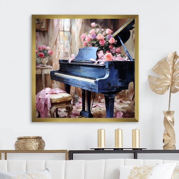 Designart "Romantic Piano Melodies Vintage Charm II" Music Framed Wall Art Decor - Vintage Blue Music Piano Entryway Framed Wall Art