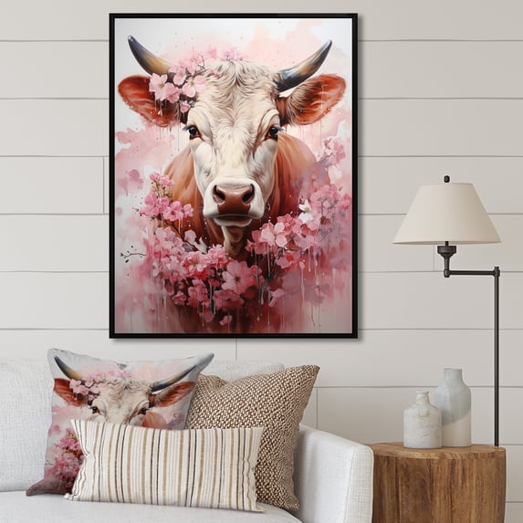 Designart "Romantic Pink Portrait Of A Cow I" Animals Cow Floater Framed Wall Decor