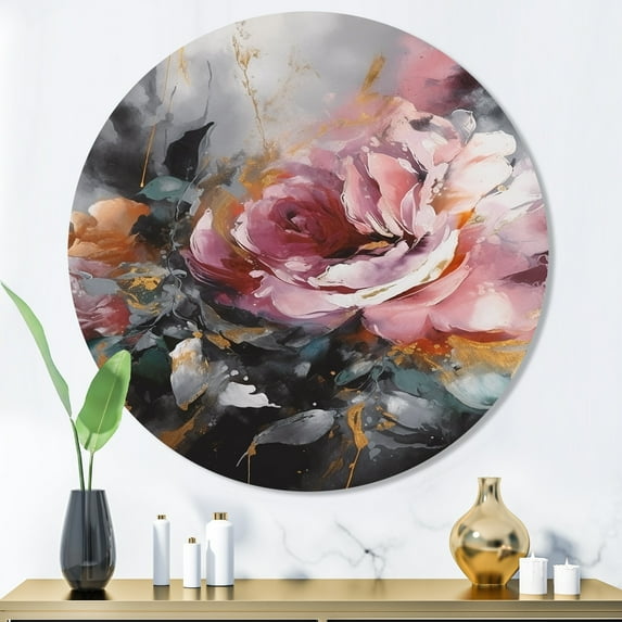 Designart "Romantic Pink Rose Bouquet" Floral Rose Metal Round Wall Art Prints