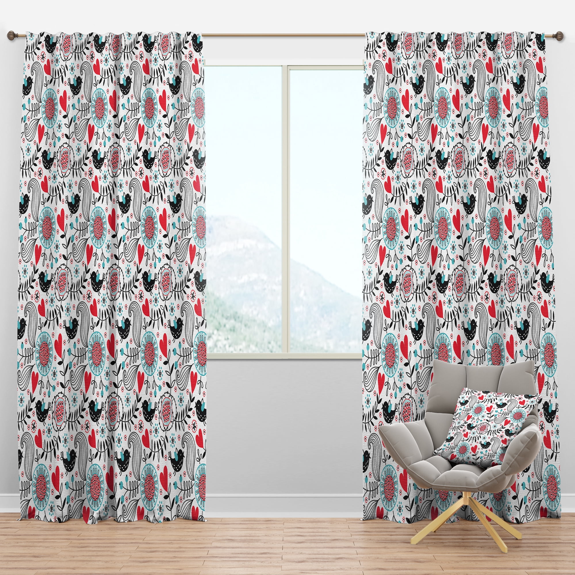 Designart 'Romantic Red Floral Pattern' Traditional Blackout Curtain Panel