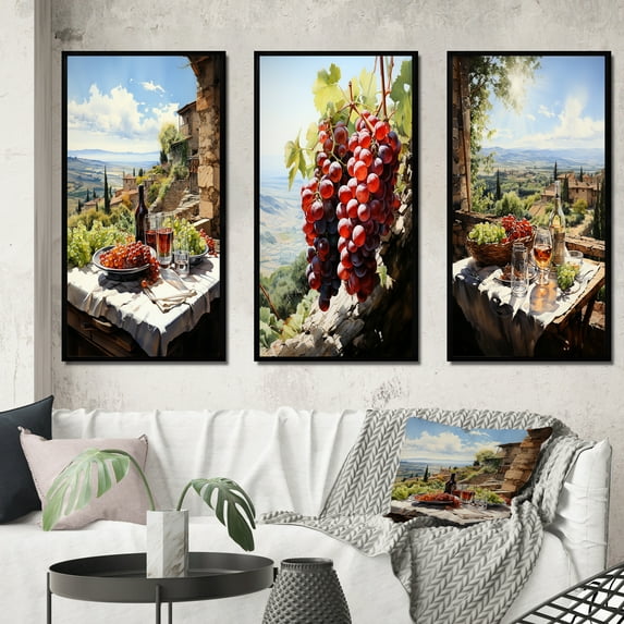Designart "Romantic Rendezvous in Rioja Vineyard II" Farmhouse Framed Wall Art Set Of 3 - Green Vineyard Frame Gallery Wall Set For Home Decor