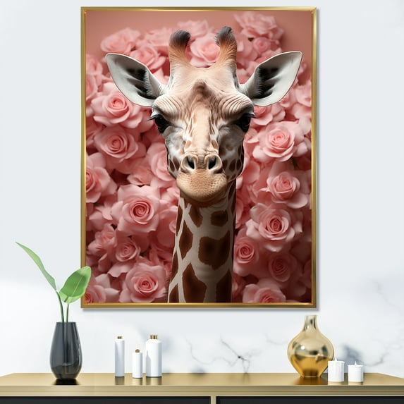 Designart "Romantic Stance Of Pink Giraffe II" Animals Giraffe Floater Framed Canvas Art Print