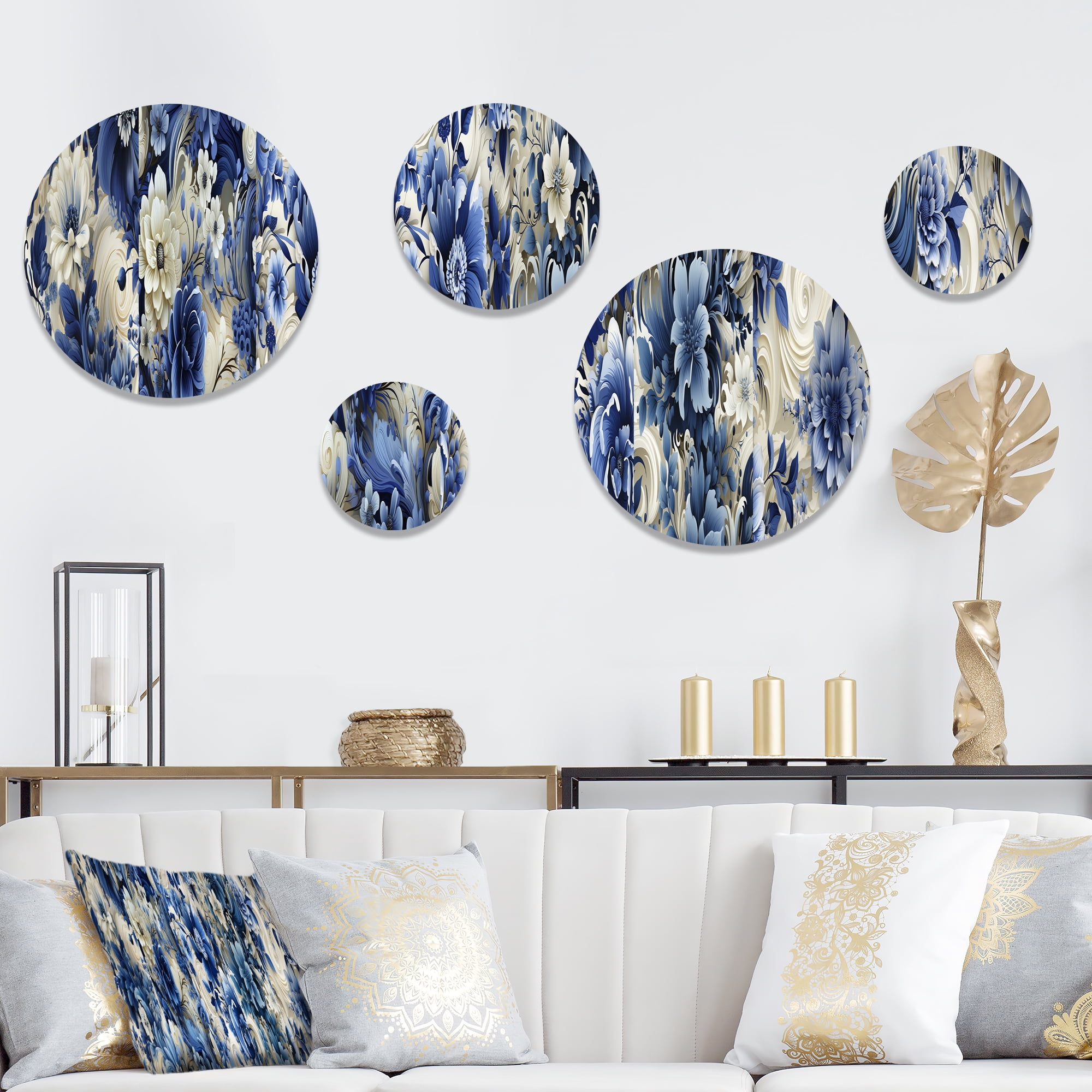 Romantic Cobalt Blue and Beige Floral Metal Wall Art Set