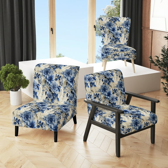 Designart "Romantic Swirls In Cobalt IV" Blue Swirls Upholstered Accent Chair - Cottage Arm Chair For Bedroom