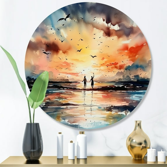 Designart "Romantic Tropical Getaway II" Modern Landscape Beach Metal Round Wall Art Prints