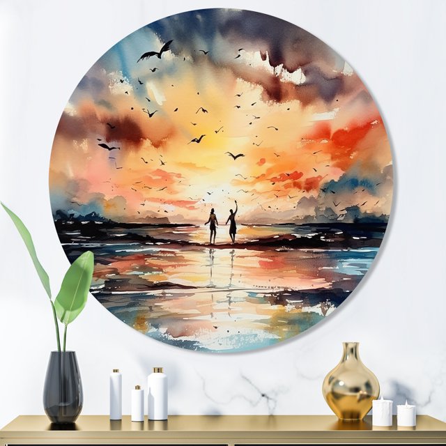 Designart "Romantic Tropical Getaway II" Modern Landscape Beach Metal Round Wall Art Prints