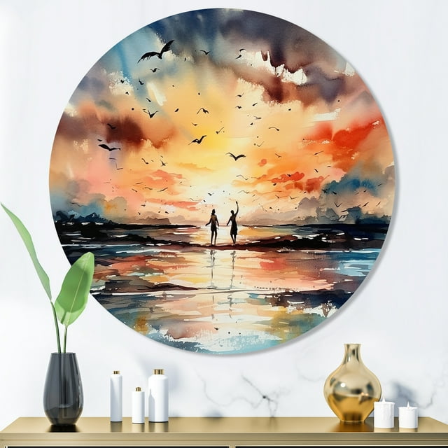 Designart "Romantic Tropical Getaway II" Modern Landscape Beach Metal Round Wall Art Prints