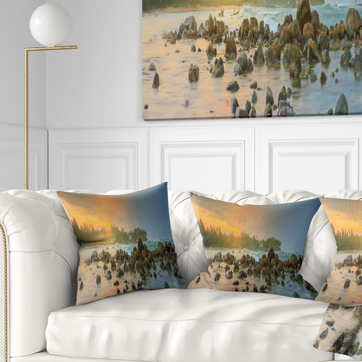 Designart Romantic Untouched Beach Sunset - Landscape Printed Throw Pillow - 18x18