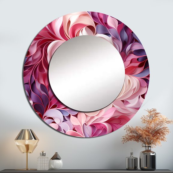Designart "Romantic Whispers Of Love In Pink And Purple" Paisley Rund Mirror For Wall Decor - Large Pink Round Print Mirror - Round Glam Mirror - Wall Mounted Round Large Mirror - 23" x 23"