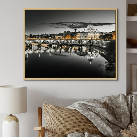 Designart "Rome Cityscape in Black and White" Rome Floater Framed Canvas Wall Art
