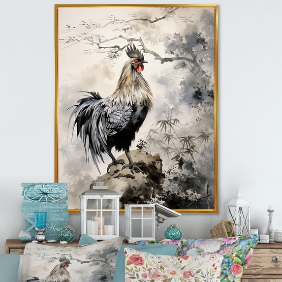 Designart "Rooster Sumi Asian Painting I" Asian Floater Framed Canvas Wall Art