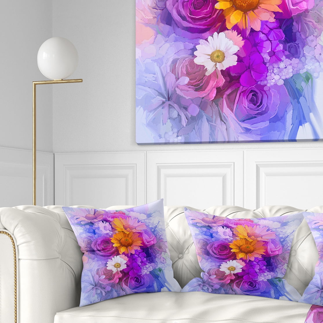Designart Rose Daisy and Gerbera Flowers - Floral Throw Pillow - 18x18