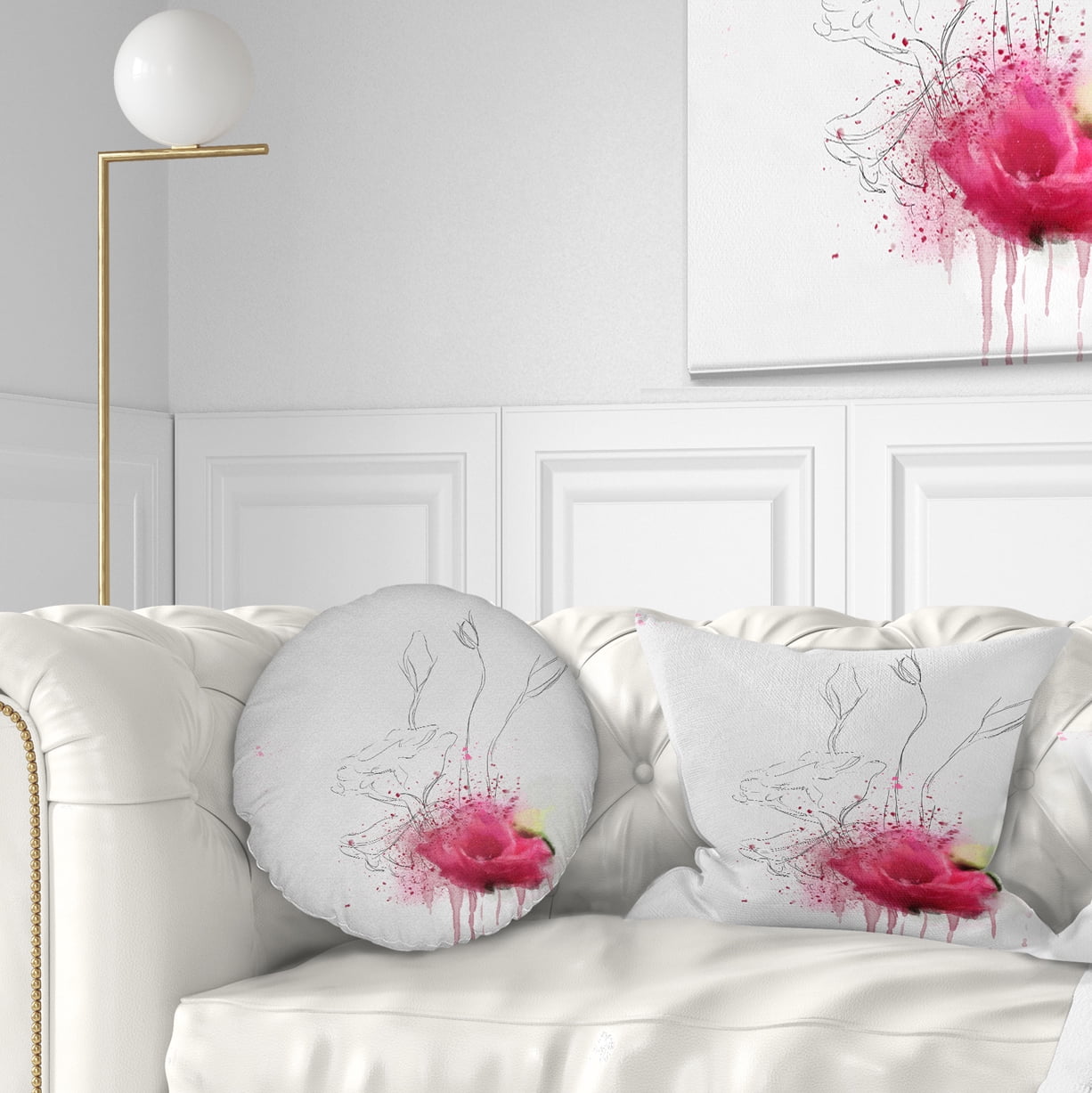 Designart Rose Flowers Sketch with Color Splashes - Floral Throw Pillow - 12x20