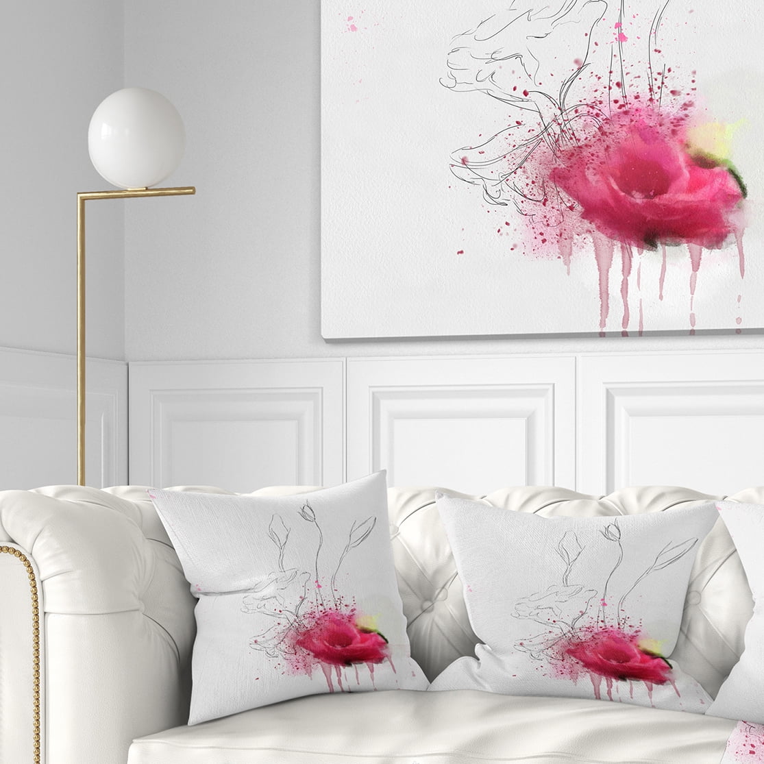 Designart Rose Flowers Sketch with Color Splashes - Floral Throw Pillow - 18x18