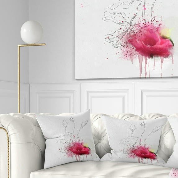 Designart Rose Flowers Sketch with Color Splashes - Floral Throw Pillow - 18x18