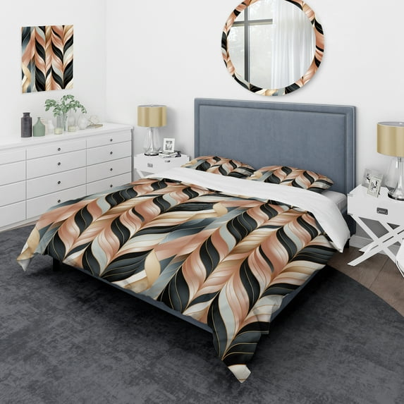 Designart "Rose Gold Damask Radiance" Marble Bedding Covert Set - Glam Bed Set With 1 Sham