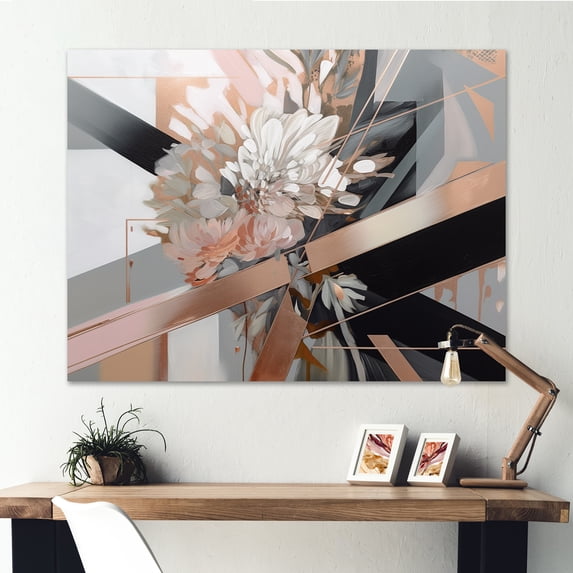 Designart "Rose Gold Linear Floral Elegance I" Floral Canvas Print