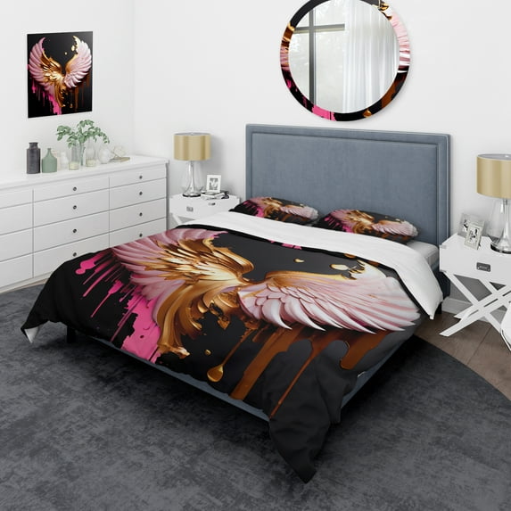 Designart "Rose, Gold, and Onyx Celestial Wings I" Contemporary Glam Bedding Covert Set - Wings Angel Gold Fantasy Bed Set With 2 Shams