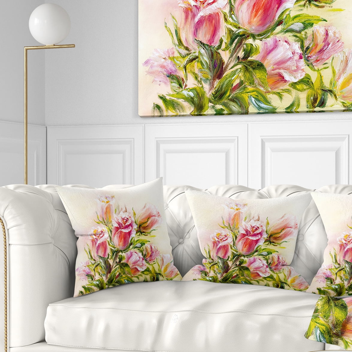 Designart Rose Oil Painting - Floral Throw Pillow - 16x16
