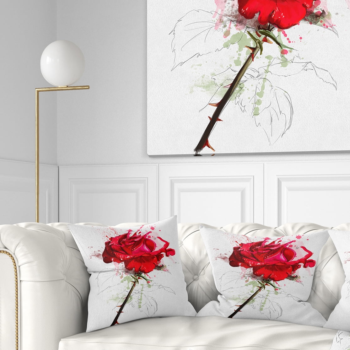 Designart Rose Sketch with Stem on White - Flower Throw Pillow - 16x16