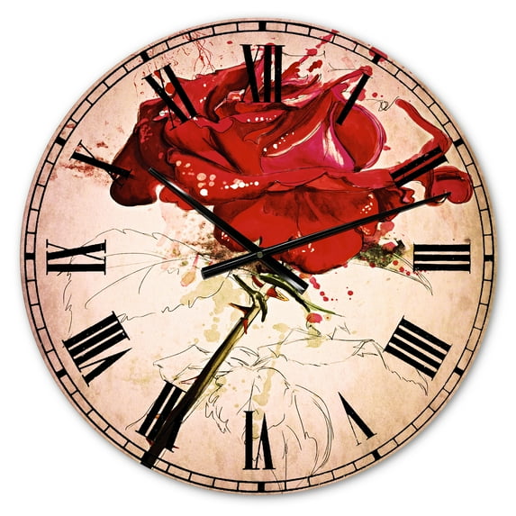 Designart 'Rose Sketch with Stem on White' Traditional wall clock