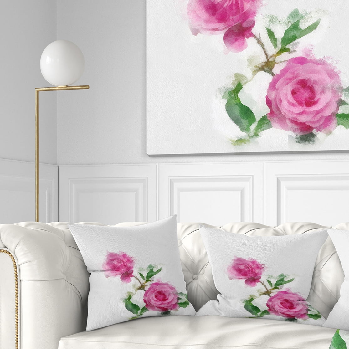 Designart Rose Stem with Pair of Roses - Floral Throw Pillow - 16x16