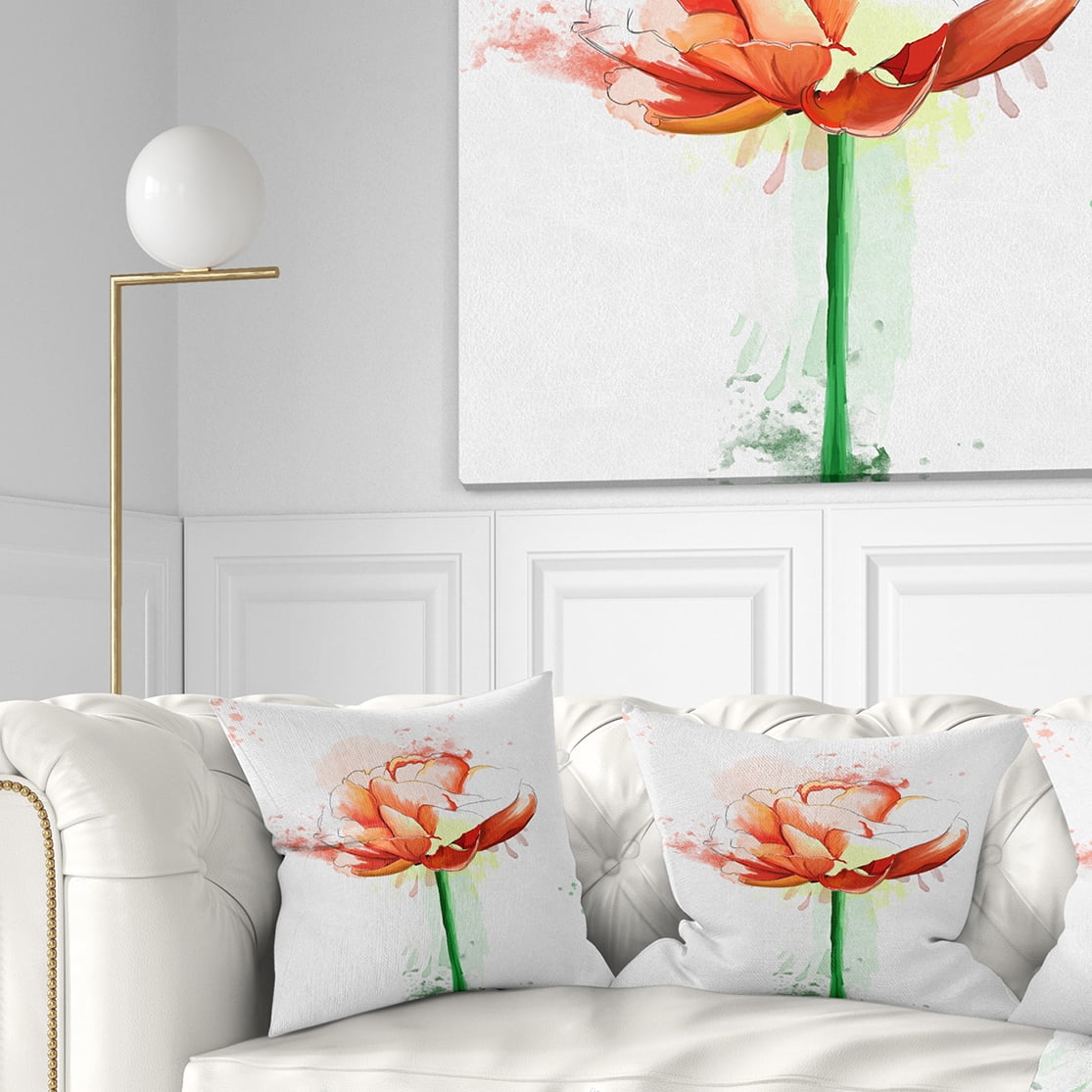 Designart Rose with Stem and Paint Splashes - Floral Throw Pillow - 16x16