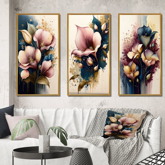 Designart "Roseate Calla Radiance II" Floral & Botanical Framed Wall Art Set Of 3 - Pink Calla Lily Frame Canvas Set For Living Room Decor
