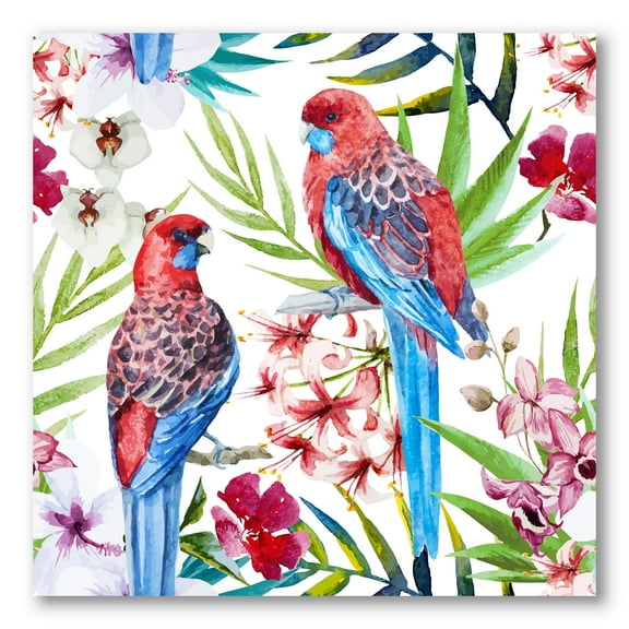 Designart ' Rosella Birds Sitting On Flowers Tree Branch ' Traditional Canvas Wall Art Print