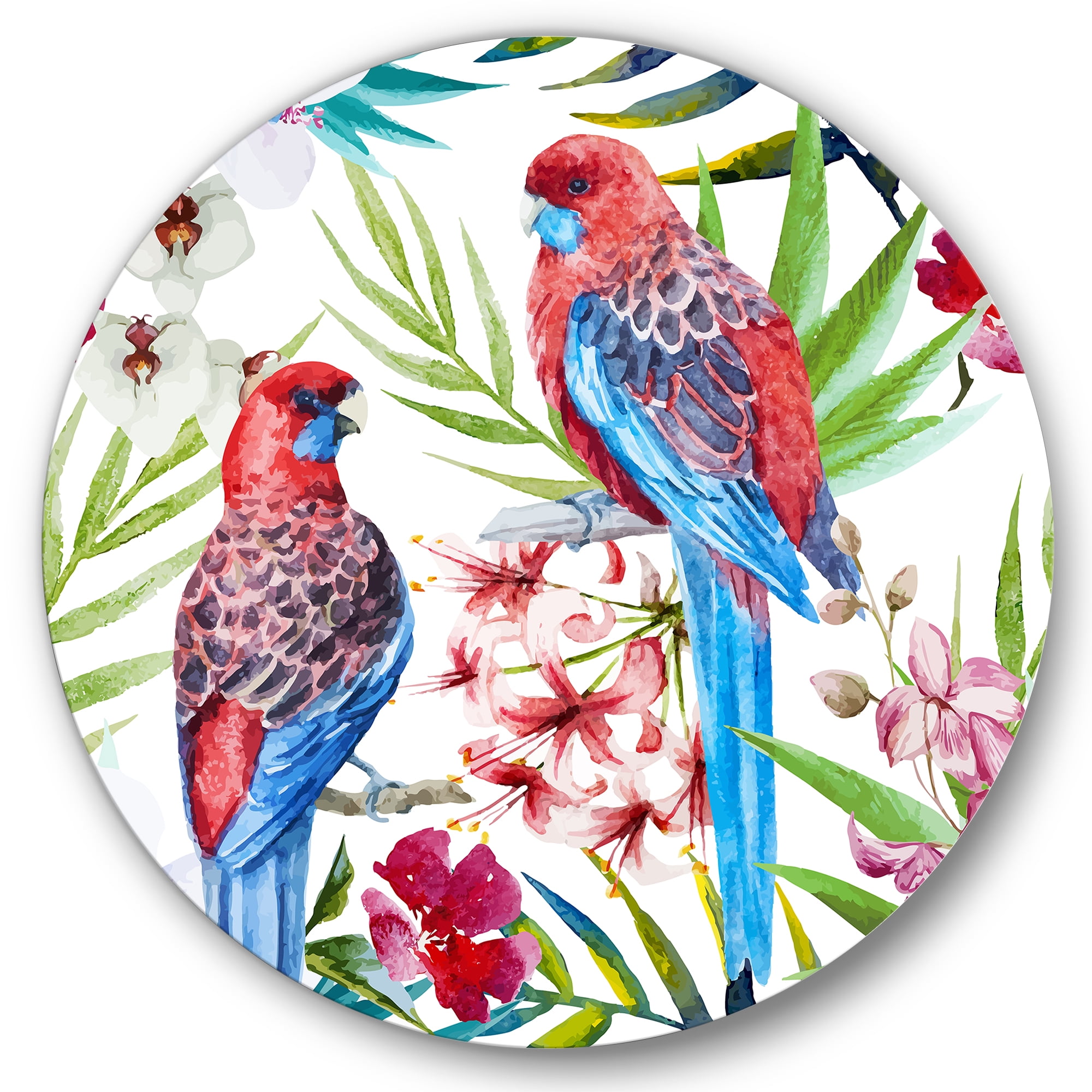 Designart 'Rosella Birds Sitting On Flowers Tree Branch' Traditional Circle Metal Wall Art 11x11 - Disc of 11