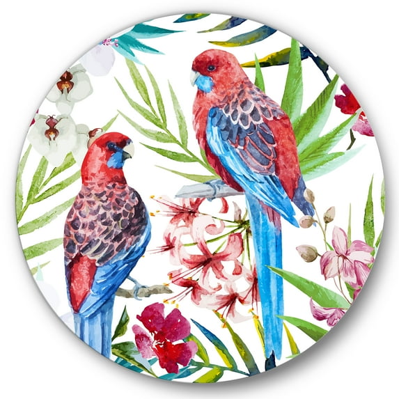 Designart 'Rosella Birds Sitting On Flowers Tree Branch' Traditional Circle Metal Wall Art 29x29 - Disc of 29