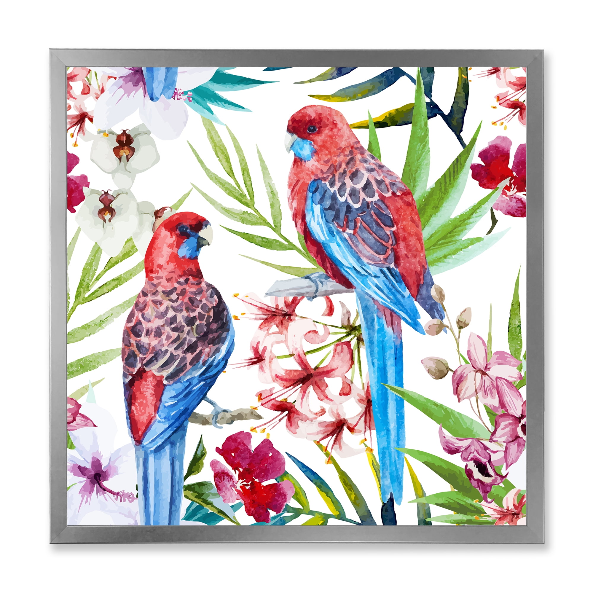 Designart 'Rosella Birds Sitting On Flowers Tree Branch' Traditional Framed Art Print