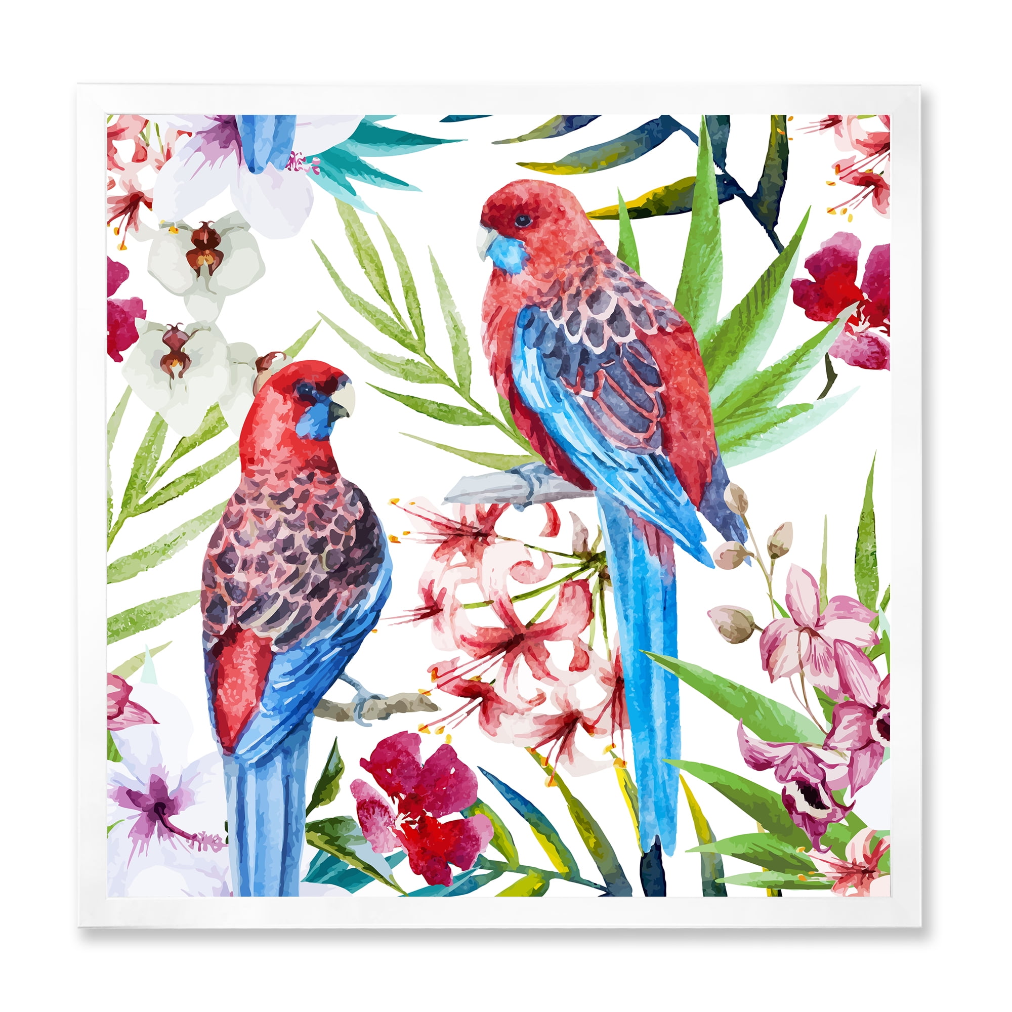 Designart 'Rosella Birds Sitting On Flowers Tree Branch' Traditional Framed Art Print