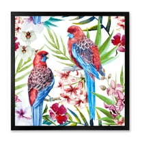 Designart 'Rosella Birds Sitting On Flowers Tree Branch' Traditional Framed Art Print
