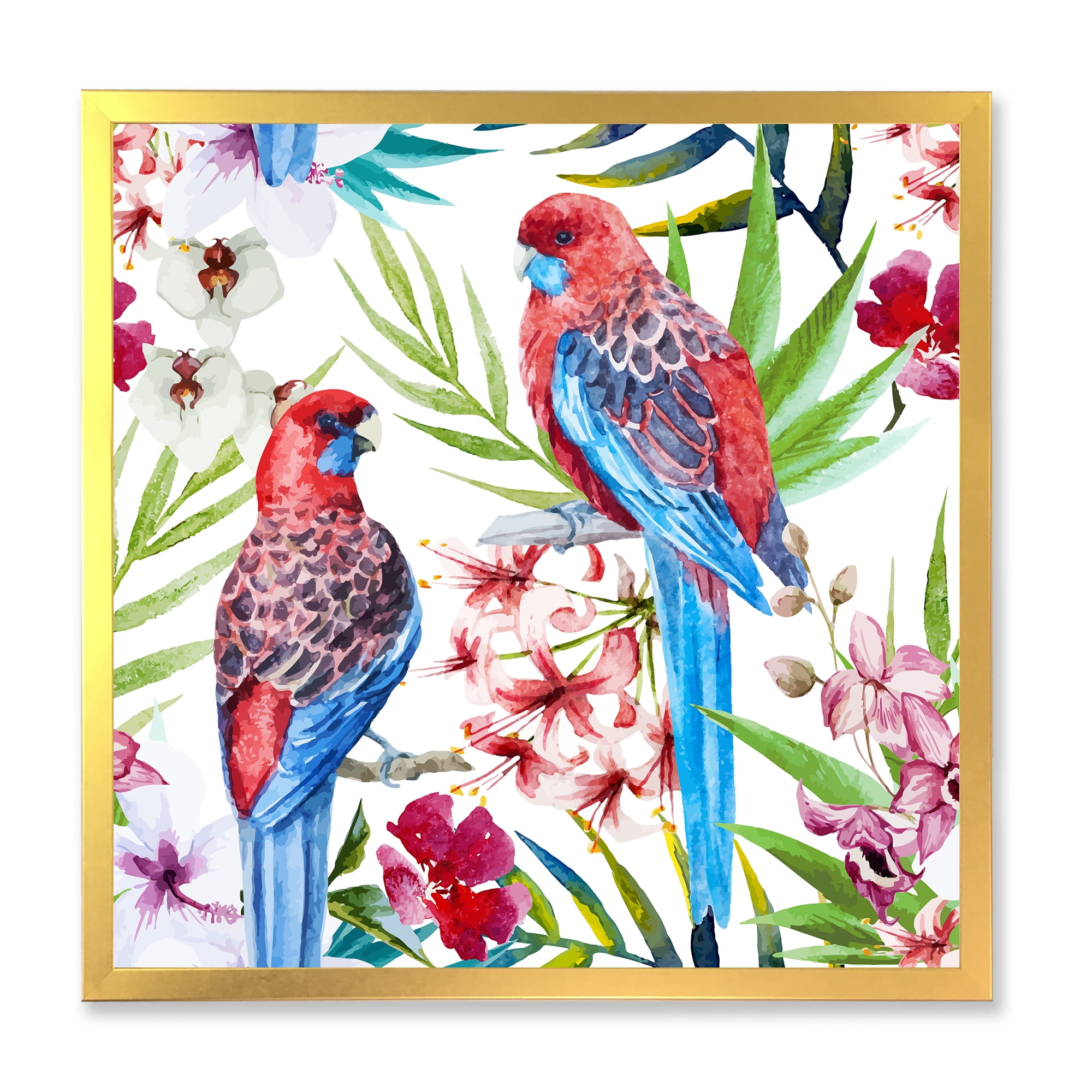 Designart 'Rosella Birds Sitting On Flowers Tree Branch' Traditional Framed Art Print