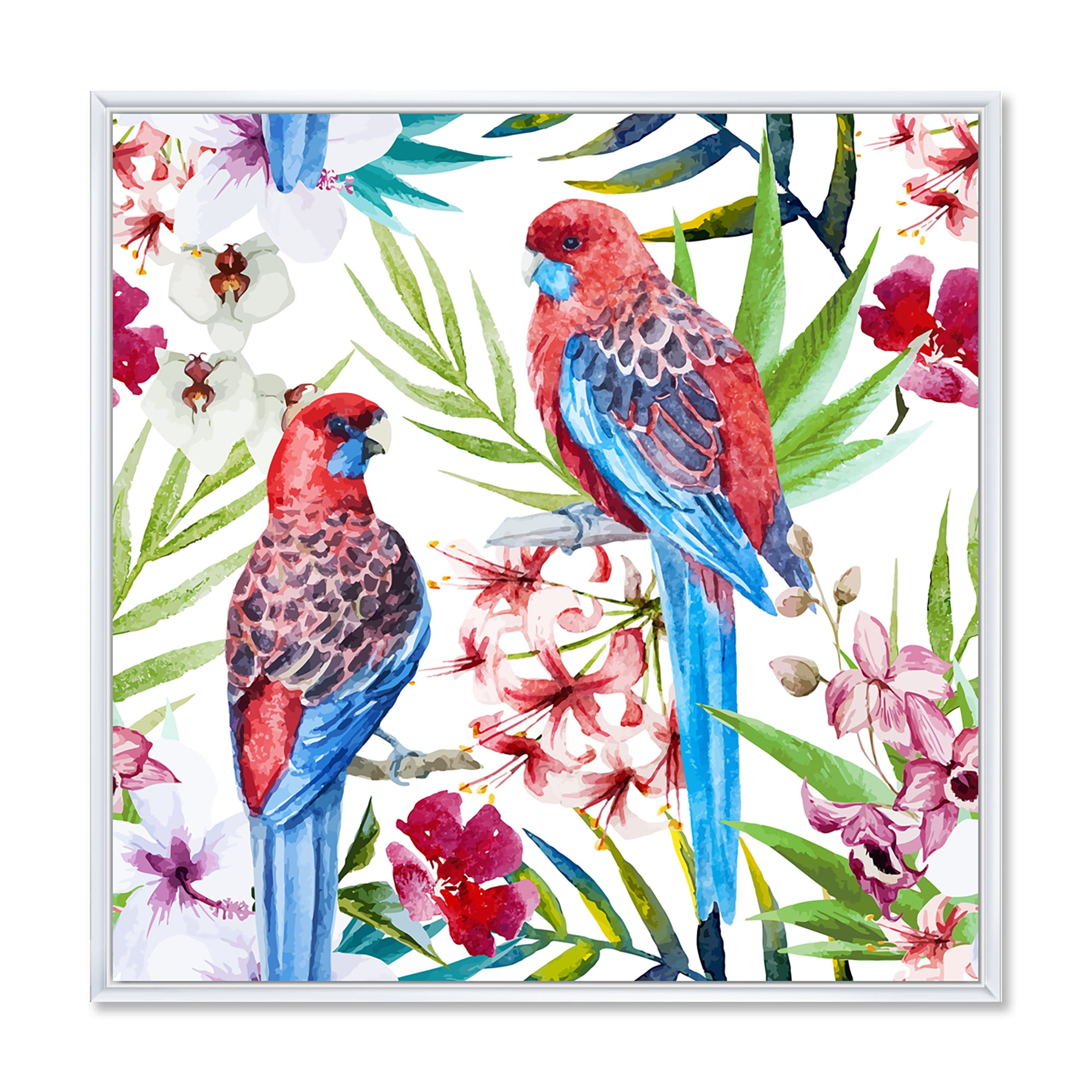 Designart 'Rosella Birds Sitting On Flowers Tree Branch' Traditional Framed Canvas Wall Art Print