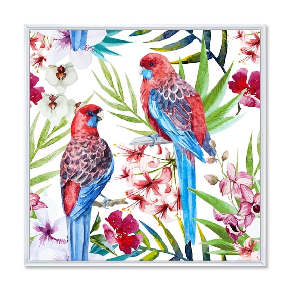 Designart 'Rosella Birds Sitting On Flowers Tree Branch' Traditional Framed Canvas Wall Art Print