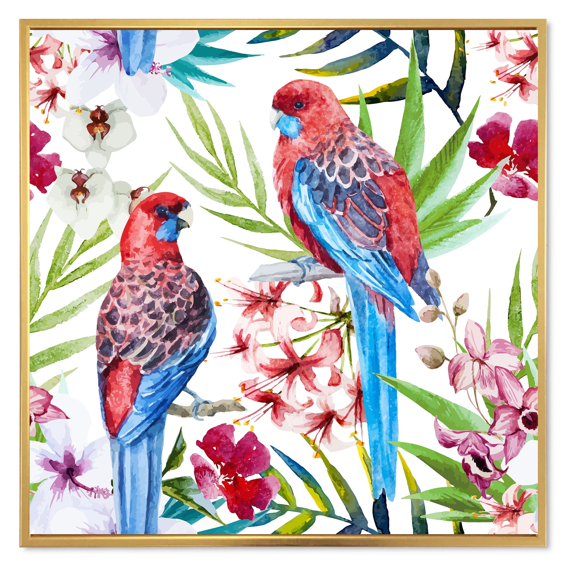 Designart 'Rosella Birds Sitting On Flowers Tree Branch' Traditional Framed Canvas Wall Art Print