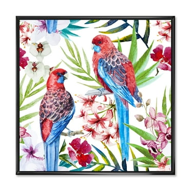 Designart 'Rosella Birds Sitting On Flowers Tree Branch' Traditional Framed Canvas Wall Art Print