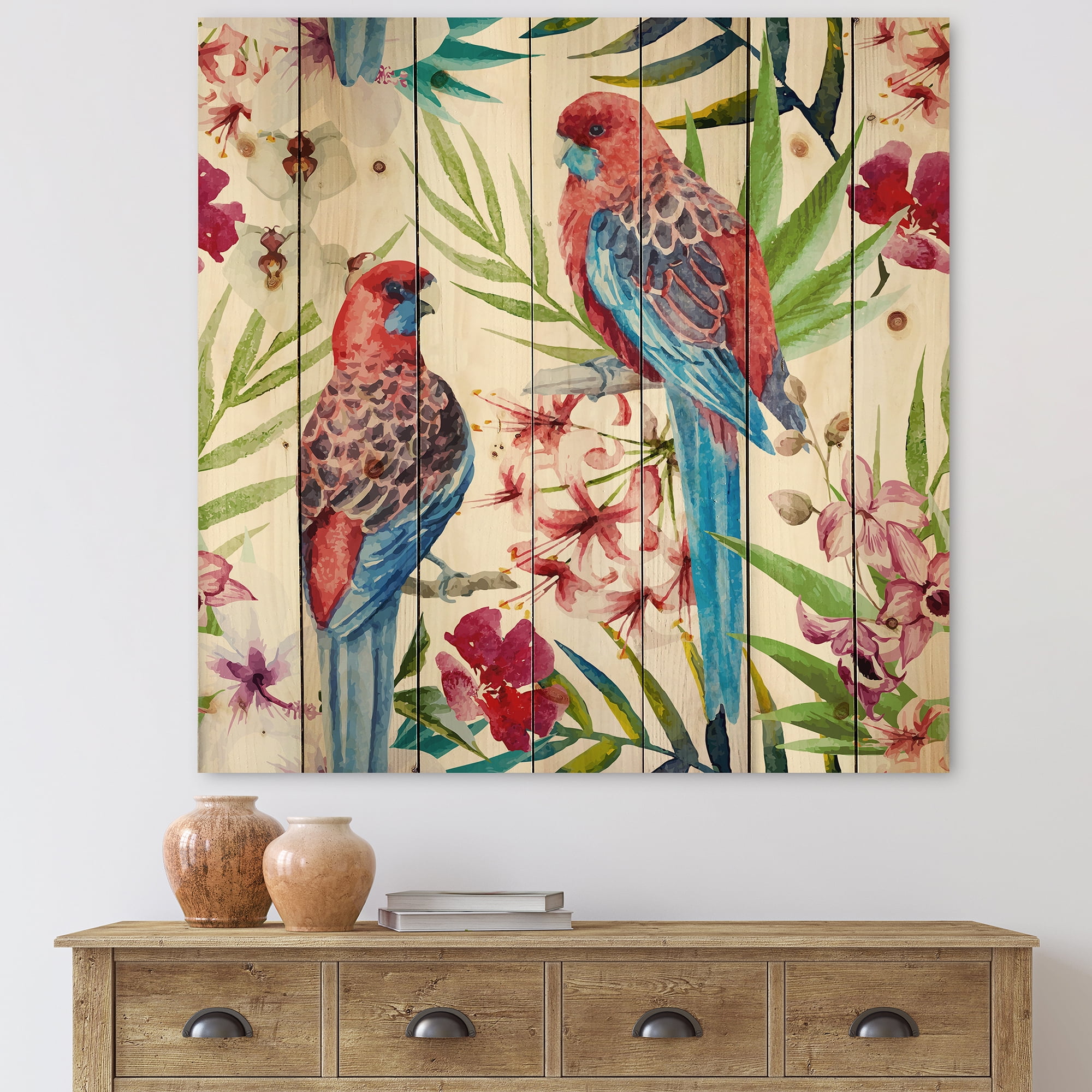 Designart 'Rosella Birds Sitting On Flowers Tree Branch' Traditional Print on Natural Pine Wood
