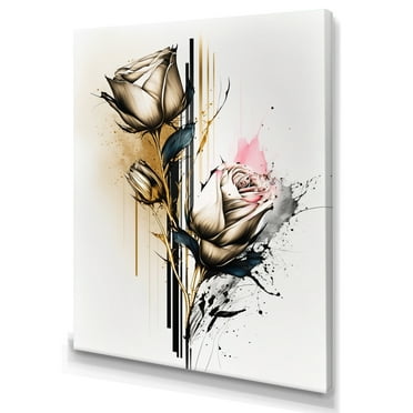 Designart Roses Flow Flower On Golden Beige Paint IV Canvas Wall Art