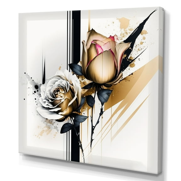 Designart Roses Flow Flower On Golden Beige Paint VII Canvas Wall Art